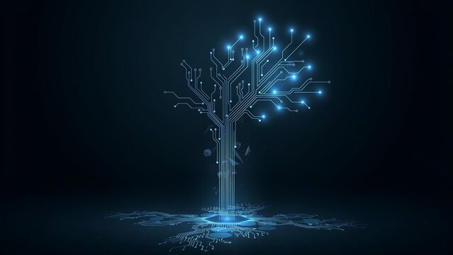 Futuristic circuit tree glowing in dark space background