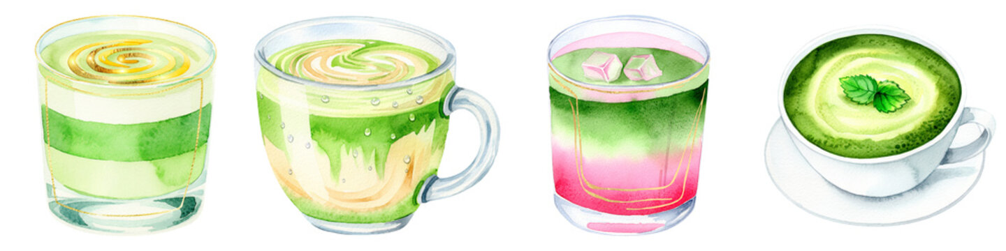 Elegant watercolor matcha mug, saucer cup and pink ombre drink