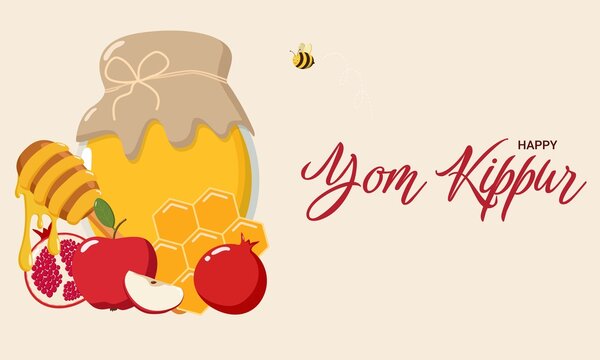 Festive Yom Kippur illustration with Happy Yom Kippur text, honey jar, dipper, honeycomb, apple, pomegranate, and bee. Symbolic design perfect for Jewish holiday cards
