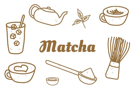 Stylized matcha tea illustration with bold cursive Matcha text surrounded by teapot, whisk, scoop, bowls, cups, iced drink, and tea leaves