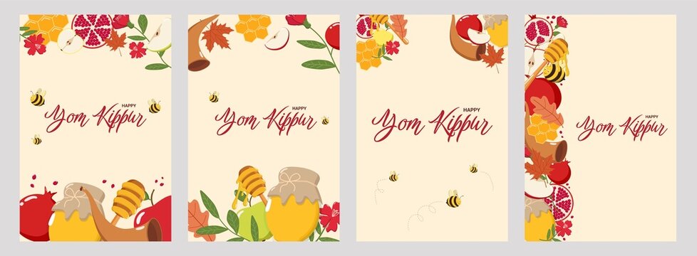 Set of four Yom Kippur greeting card designs with Happy Yom Kippur text, featuring honey jars, bees, pomegranates, apples, shofars, and autumn leaves