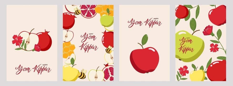 Set of four Yom Kippur greeting card designs with Happy Yom Kippur text, featuring apples, pomegranates, honeycombs, bees, and flowers. Festive templates for Jewish holiday