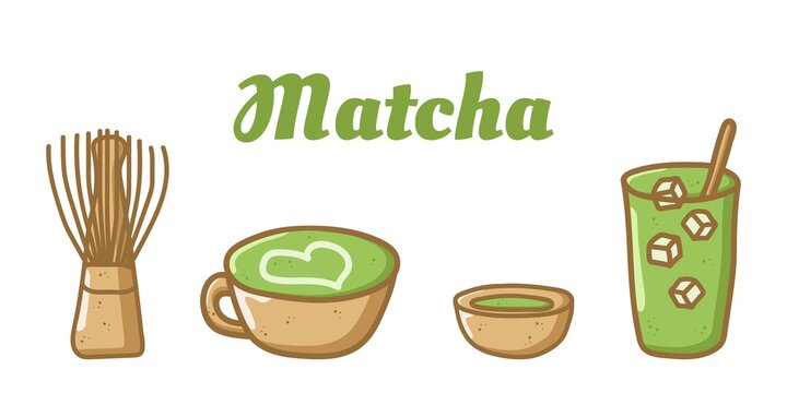 Stylized matcha tea illustration with green Matcha text above whisk, latte cup, bowl, and iced drink. Cultural design perfect for food branding, wellness