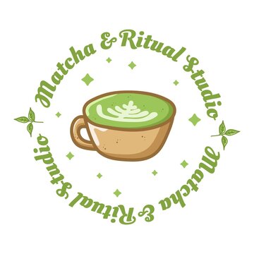 Logo illustration of a tan cup of matcha latte with latte art, surrounded by green diamonds and tea leaves. Circular text reads Matcha Ritual Studio