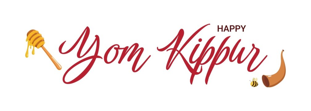 Festive Yom Kippur graphic with Happy Yom Kippur text in red script, honey dipper dripping honey, shofar, and bee. Symbolic design perfect for Jewish holiday decor, greeting cards