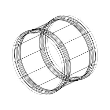 Technical wireframe drawing of a cylindrical mechanical component with concentric circles and straight lines. 3D engineering visualization ideal for CAD