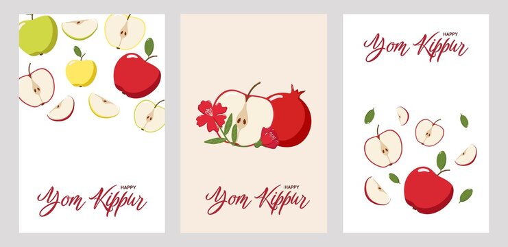Set of three Yom Kippur greeting card designs with Happy Yom Kippur text, featuring apples, pomegranates, flowers, and leaves. Colorful templates perfect for Jewish holiday
