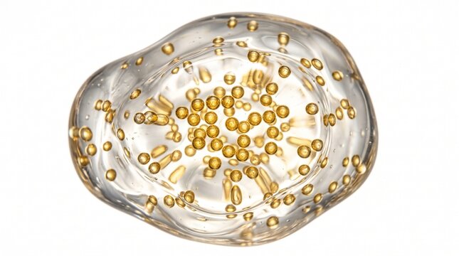 Clear cosmetic gel droplet with suspended golden spheres showcasing texture under bright studio lighting conditions