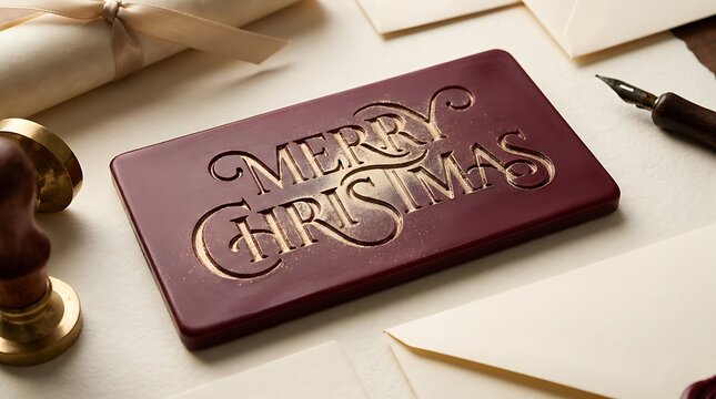 Merry Christmas embossed lettering on a dark red wax seal stamp design