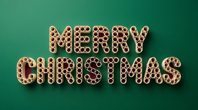 Merry Christmas festive text greeting sign made of recycled cardboard paper tubes on a dark green background