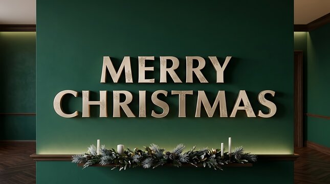Merry Christmas gold lettering on a dark green wall with festive pine decorations