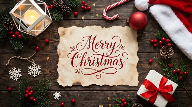 Merry Christmas greeting card on rustic wooden background with festive holiday decorations