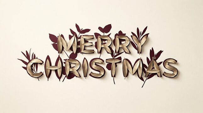 Merry Christmas greeting text made from dried golden leaves on a decorative light background