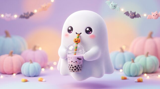Cute Kawaii Ghost Drinking Pastel Boba Bubble Tea With Pumpkins In Halloween Background