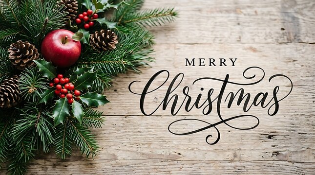 Merry Christmas greeting text over rustic wooden background with pine branches and red apple decoration