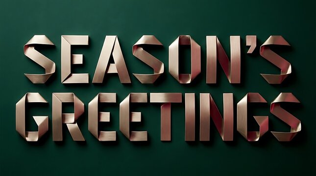 Metallic gold ribbon lettering spelling out Seasons Greetings on a dark green background
