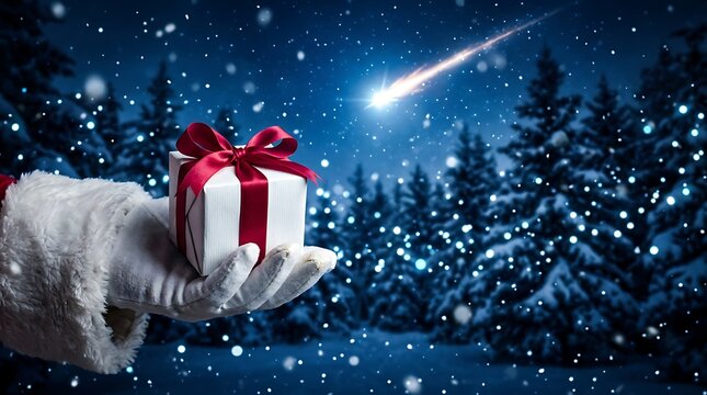 Santa Claus hand holding a small white Christmas gift box in a magical snowy winter forest scene