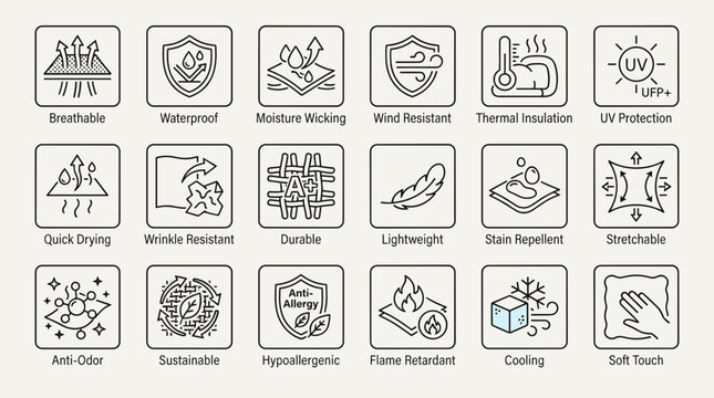 Fabric technology vector icon set with waterproof breathable and performance textile line art collection