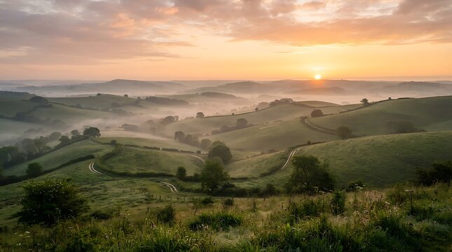 Golden sunrise over misty rolling green hills in the countryside