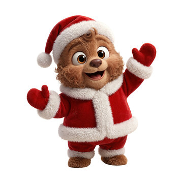 Cute Cartoon Animal in Santa Claus Suit Waving Isolated 3D Render