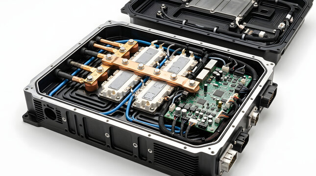 Electric vehicle battery management module with exposed circuit boards, copper busbars, cooling system and high voltage electrical connections