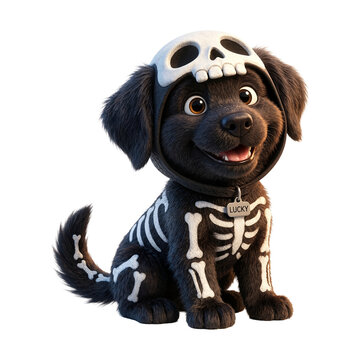 Cute Black Puppy in Skeleton Costume Isolated 3D Halloween Render