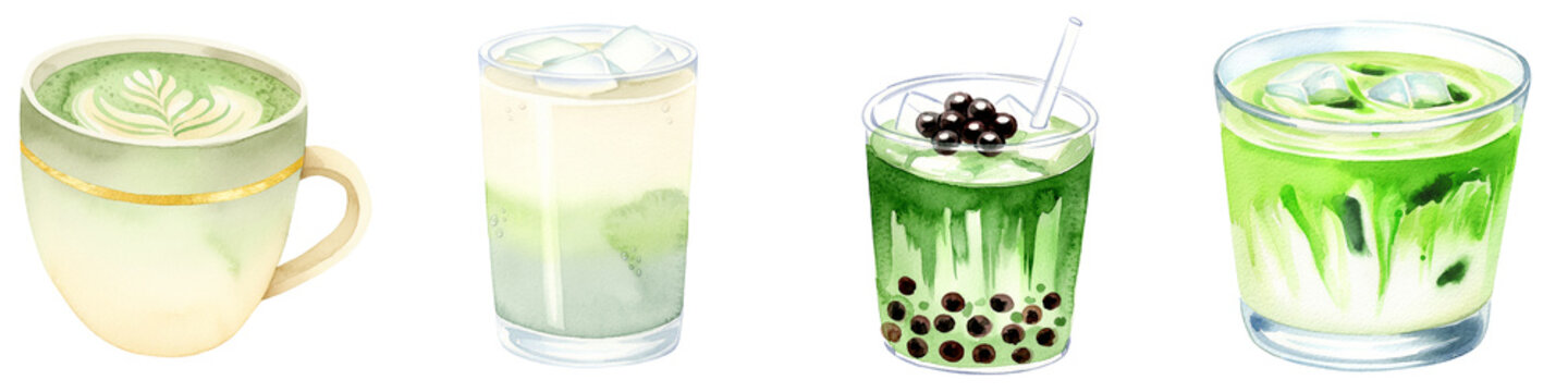 Watercolor matcha drinks with latte art, iced latte and boba