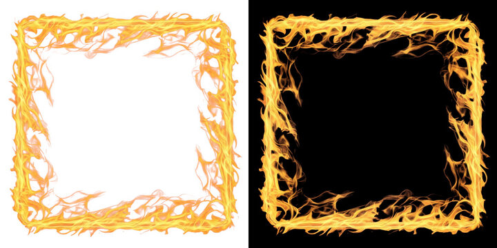 Burning fire square border frame isolated on transparent background