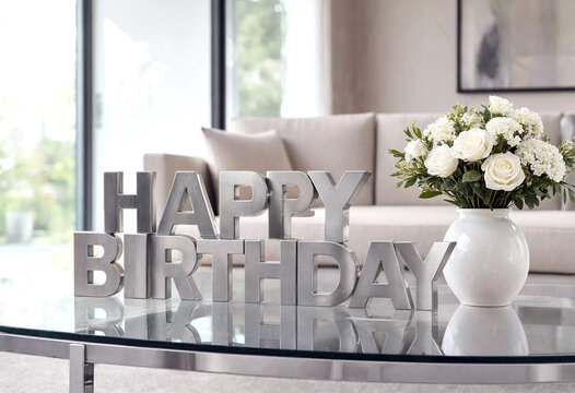 Elegant happy birthday decoration on a glass table with white roses in vase and cozy living room background