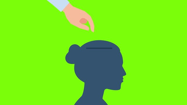 Opinion of internal voice. Seeking answer. Thoughts enter the brain. Propaganda. Silhouette of woman`s head. Side ways. Influence of others on a person's thinking. 2d flat animation. Alpha channel