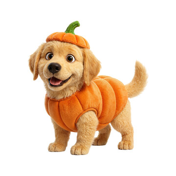 Cute Puppy in Orange Pumpkin Costume Isolated 3D Halloween Illustration