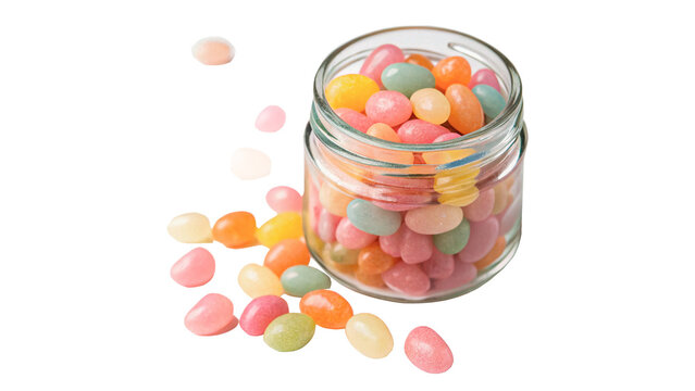 Glass jar filled with colorful sweet jelly beans isolated on transparent background