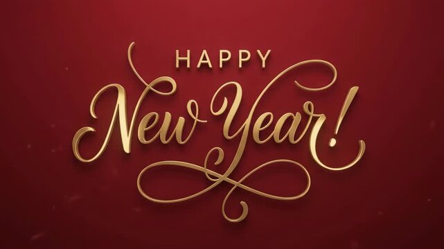 An elegant golden "Happy New Year" calligraphic text slowly zooms in against a rich red background with subtle flickering particles. This premium holiday design is perfect for festive intros