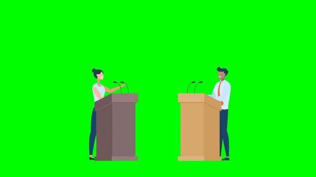 Woman speaker talking behind tribunes with mic. African-american man speaker talking behind tribunes with mic. Political debates, conference, public speaking speech. 2d flat animation. Alpha channel