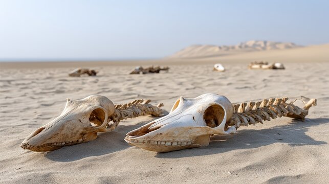 Animal skulls and skeletons on barren desert sand after environmental catastrophe