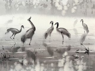 Obraz premium Cranes in wetland in the mist watercolor landscape