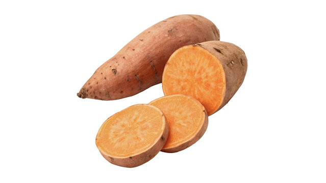Whole and sliced fresh sweet potato tubers isolated on transparent background