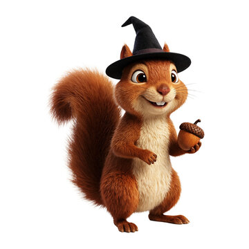 Cute Squirrel with Black Witch Hat and Acorn Isolated 3D Illustration