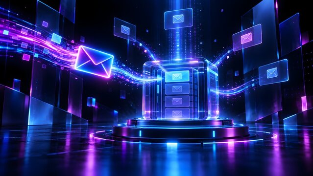 Glowing neon email envelopes flowing into a digital server block representing fast electronic mail transmission and data networking