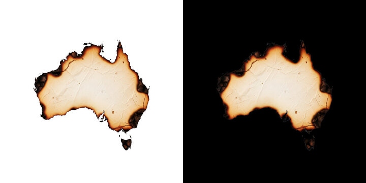 Burnt Australia map with fire damage isolated on transparent background