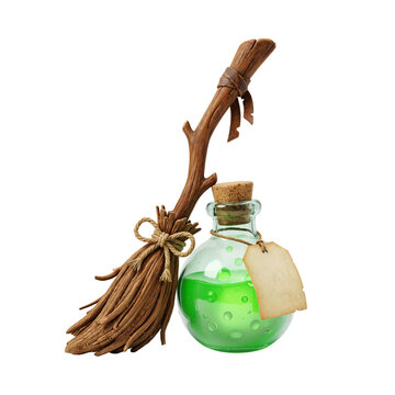 Witch Broomstick and Glowing Green Magic Potion Bottle Isolated 3D Render