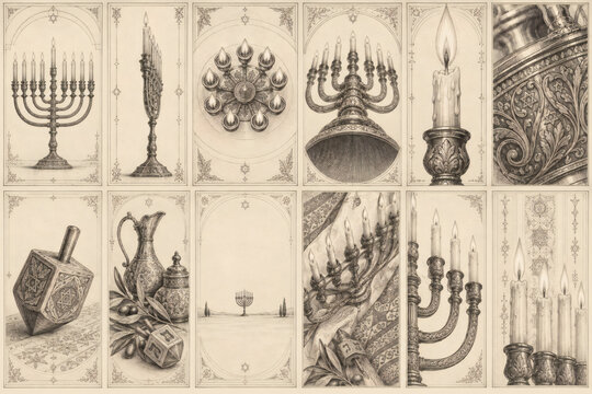 Vintage Hanukkah engraving card collection with menorahs, candles, dreidels and oil vessels, elegant antique line art on ivory paper for holiday stationery, decorative borders and Jewish motifs