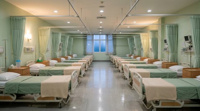 Modern hospital ward with empty patient beds and green walls.
