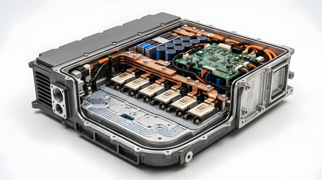 Modern electric vehicle battery management module with exposed circuit boards, copper busbars, cooling plate and high voltage electrical components