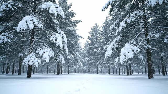 snowy pine forest landscape with footprints in fresh snow and falling snowflakes in winter