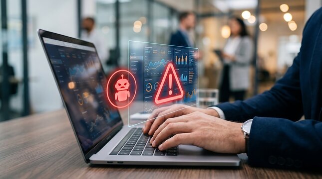 Cybersecurity threat photo of businessman using laptop with hacker warning alert and malicious malware attack icon on screen in office