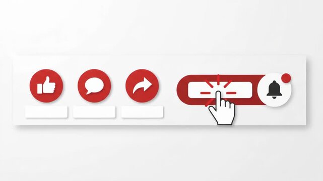 Animated social media overlay featuring subscribe button, like, comment, share icons, and a notification bell on a light background. A mouse cursor clicks the subscribe bar 