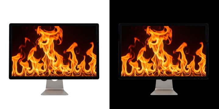 Computer monitor with fire screen isolated on transparent background