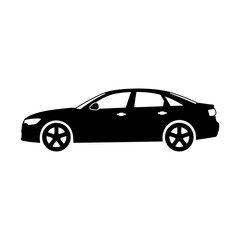 Fototapeta premium Minimalist black car silhouette of a sleek modern sedan in side profile view, isolated on white, perfect for automotive concepts, transportation icons, and urban commuting graphics.
