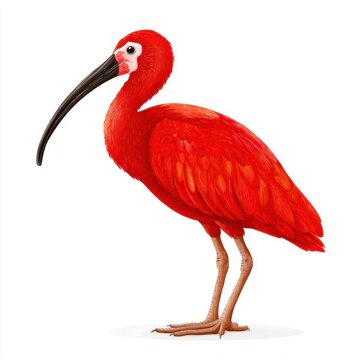 Vibrant Scarlet Ibis Bird With Long Curved Black Beak Isolated On A Clean White Background Profile